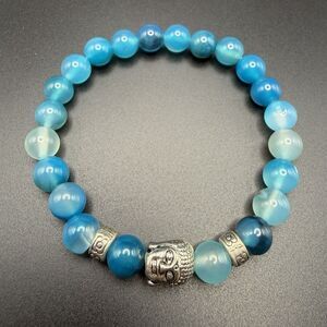 Blue Beads 8mm Stone Metal Buddha Charm Bracelet New